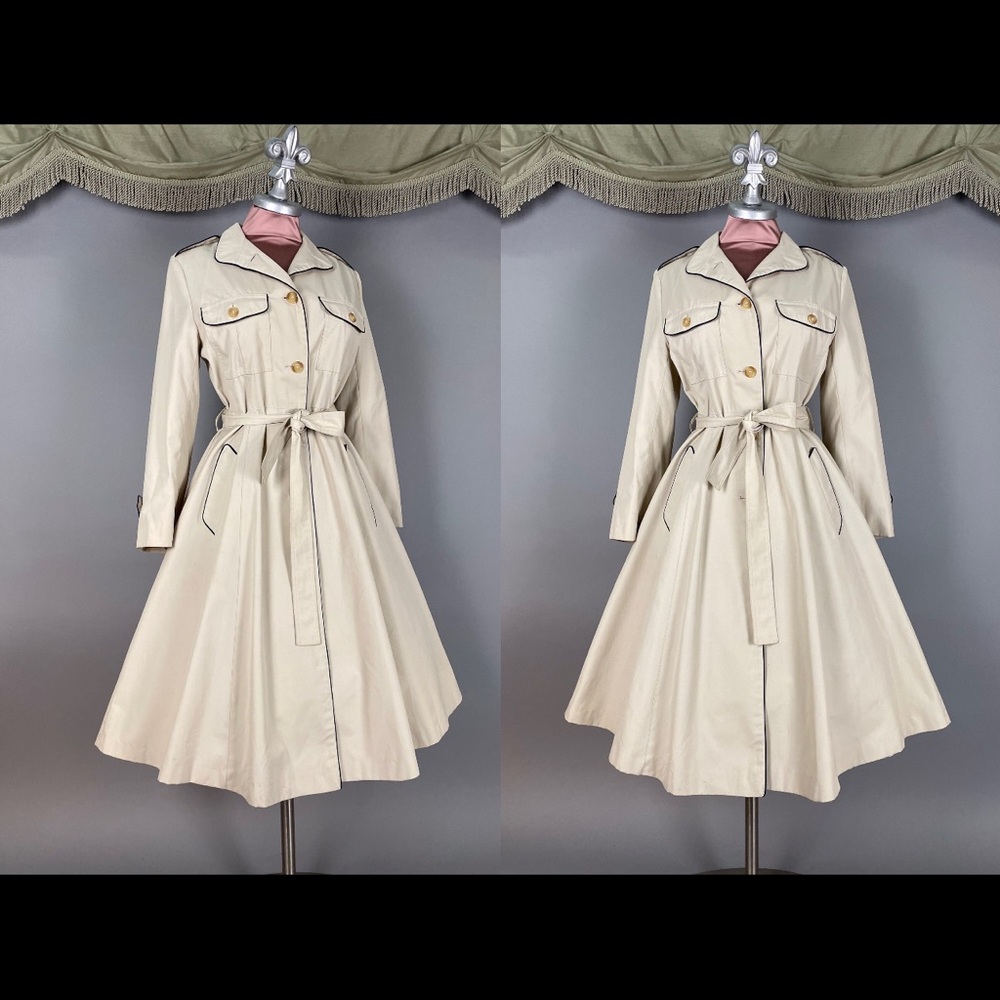 1970s princess coat vintage NAVY + BEIGE TRENCHCOAT fit flare full skirt jacket